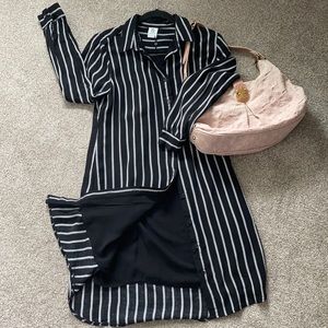 Long black pinstriped shirt dress